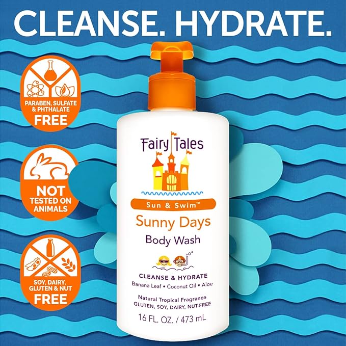Fairy Tales Sun & Swim Kids Body Wash - Chlorine Removal After-Pool Body Wash for Kids, Washes Off Salt, Sunscreen & Pool Residue - Delicious Tropical Scent - 16oz