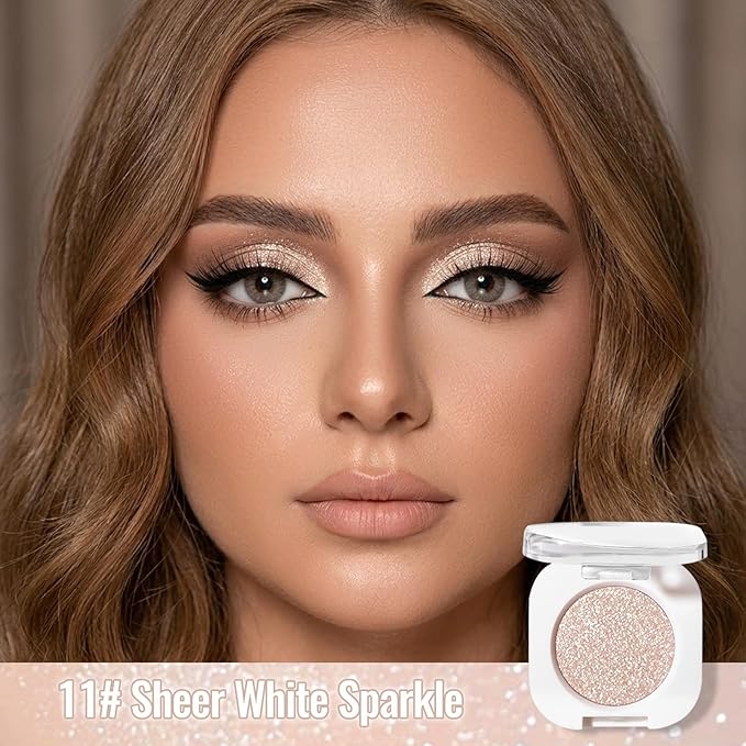 Erinde Sheer White Sparkle Shimmer Single Eyeshadow, Metallic Glow Glitter Cream Eye Shadow, Monochrome Eyeshadow Palette Makeup, Waterproof Sombras para Ojos, Vegan & Cruelty-Free, 11