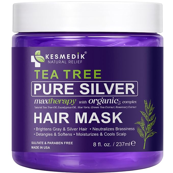 KESMEDIK Tea Tree Purple Hair Mask Toner with Argan Oil, Deep Conditioner for Dry Damaged Bleached, Blonde Silver White & Gray Hair Toner, Itchy Scalp Relief, Removes Brassy & Yellow Tones