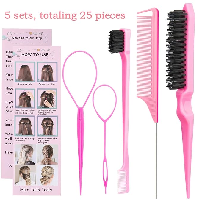 25Pcs Hair Styling Combs Set Include 10 Pcs Topsy Hair Tail Tools 5pcs Rat Tail Comb,5 Bristle Teasing Slick Back hair Brush,5 Edge Control Brush,Eyebrow Brush for Woman Girl Pink
