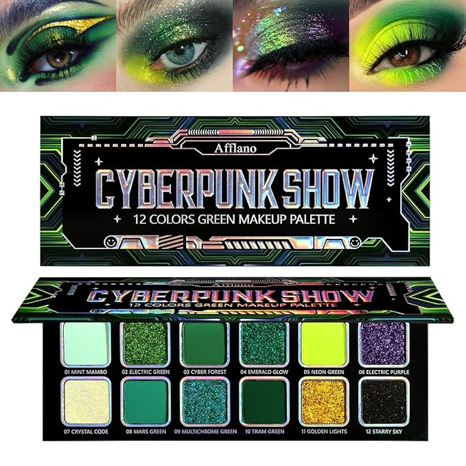 Afflano Multichrome Green Eyeshadow Palette, Color-Shifting Emerald Green Glitter Eyeshadow Pallet, Yellow Lime Teal Chrome Eye Shadow Palette for Women Blue Brown Eyes Makeup Party Daily Goth Look