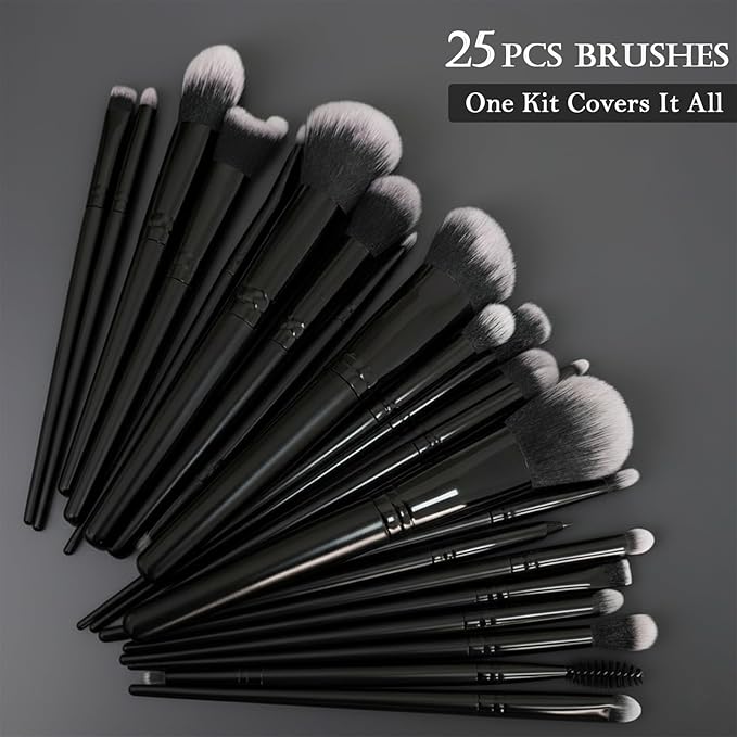32Pcs Makeup Brushes Set Professional Makeup Kit – Foundation Powder Concealers Blush Eye shadows 25 Pcs Brushes with 4 Makeup Sponge & 3 Powder Puff (Black)