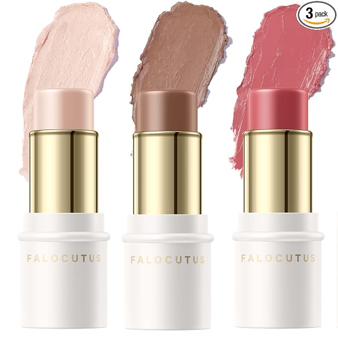 FALOCUTUS 3 Pcs LIGHT-MEDIUM Contour Stick Set,Cream Blush & Highlighter Bronzer Pen,Long Lasting & Smooth Natural Face Contouring Illuminator,Professional Makeup Kit for All Skin