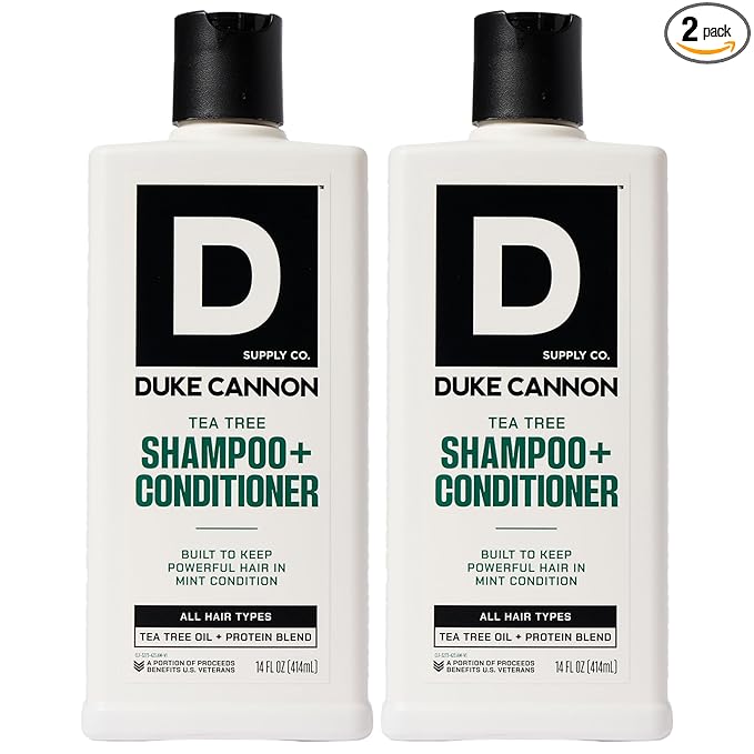 Duke Cannon Supply Co. 2-in-1 Hair Wash - Masculine Scent - Gentle Cleansing Hair Wash For Men - Stimulating Hair Shampoo & Conditioner - Strengthens Hair - Tea Tree - 2 Pack (14 oz)