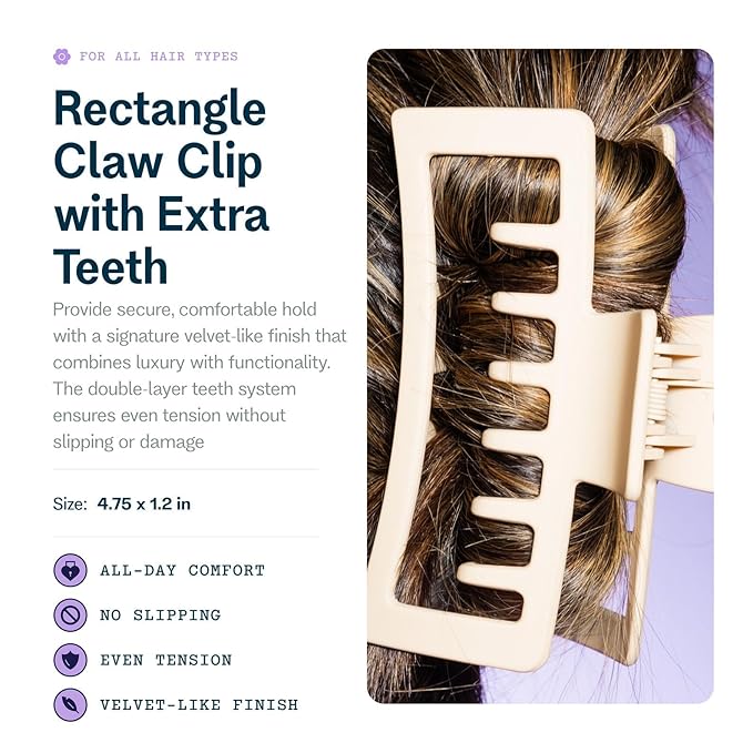 Gimme Beauty XL Rectangle Double Teeth Claw Clip - Extra-Large Accessory for Strong Hold - Perfect for Long, Thick, Curly Hair - Non-Slip Clip for Everyday Wear - Tan