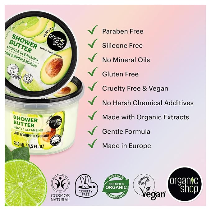 Organic Shop Shower Butter Whipped Avocado & Lime, 99% Natural, COSMOS Natural, Vegan Body Wash, Moisturizing Shower Cream, Gentle pH Balanced Cleanser, Paraben Free, Made in Europe, 8.5 fl oz