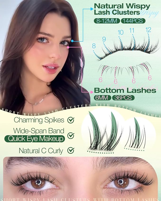 Short Lash Clusters Kit Natural Lash Extension Kit Wispy Eyelash Clusters with Bottom Lashes 8-12MM Manga Cluster Eyelash Extensions C Curly DIY Cluster Lashes Bond and Seal Tweezers by Lvmixwig