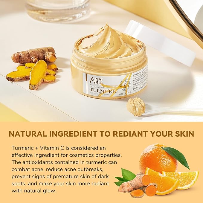 Turmeric Vitamin C Face Mask, Deep Cleansing Clay Mask for Dull Skin, Skincare Facial Mask for Refining Pores and Controlling Oil, Smooth & Radiant Skin, Face Skincare Gifts, 4.23 OZ