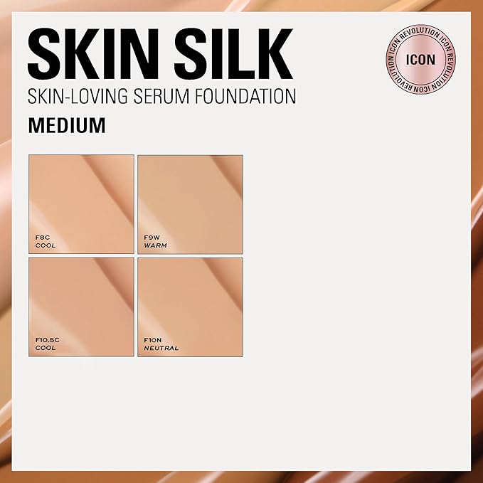 Revolution Skin Silk Radiant Satin Serum Foundation, Buildable Coverage with Hydrating Hyaluronic Acid for a Natural Finish, Vegan & Cruelty-Free, F8C Medium Skin Tones, 0.77 fl oz