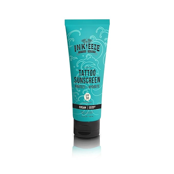 Ink-Eeze Tattoo Sunscreen Ink Shield Mineral, SPF 30, Dries Clear, Reef Safe, Vegan, Made in USA, Vanilla, Tube 3.3 ounces