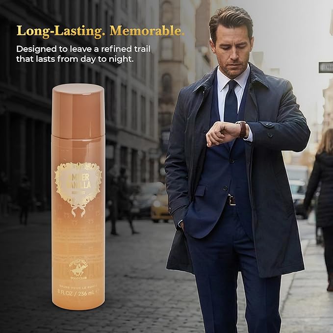 Beverly Hills Polo Club Amber Vanilla Fine Gourmand Fragrance Body Mist for Women & Men – Long-Lasting Luxurious Floral Woody Sweet Scent Spray – 236ml / 8 FL OZ