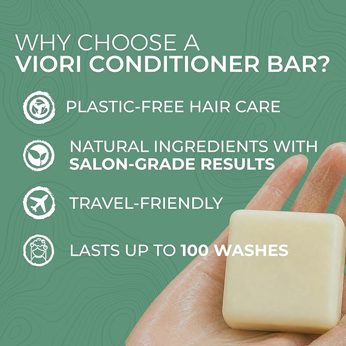 Viori Rosemary Conditioner Bar with Biotin - Rice Water Hair Conditioner Bar for Thinning Hair - Strengthening, Shine, Scalp Care - Plastic Free - Travel Friendly