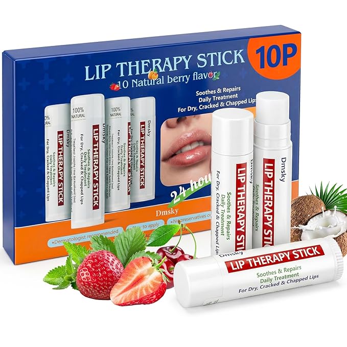 Dmsky Lip Therapy Lip Balm Stick,10 Natural Berry Flavor Healing Hydrating Chapstick Bulk for Chapped Lips Severe,Dry Lips,0.15 OZ