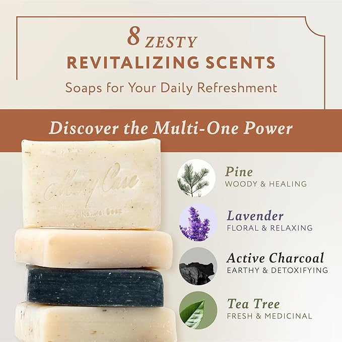 Mary Case Variety Bar Soap Set of 8 | Lavender, Pine Tar, Tea Tree & Charcoal Natural Soap Bars | Vegan Bath Soap for Men & Women | Deep Hydrating & Nourishing Skin Care Collection