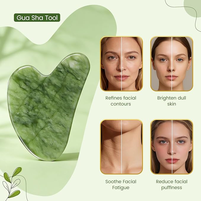 Jade Roller & Gua Sha Set - Natural Jade Face Roller Facial Massage Skincare Tools for Women,Reduce Puffiness and Fine Lines (Forest Green)