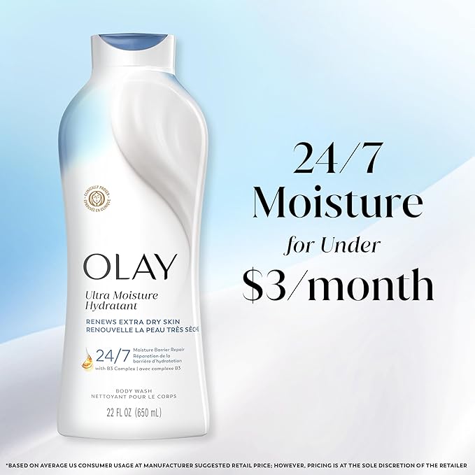Olay Body Wash for Women, Ultra Moisture, For Extra Dry Skin, 24hr Moisturizing, Hydrating & Refreshing, B3 Vitamin Complex, Free of Parabens & Phthalates, Scented, 22 fl oz