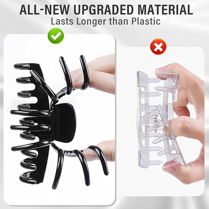 TOCESS Nylon Hair Claw Clips: Flexible & Unbreakable Safe Black Large Hair Claws for Thick/Thin Hair Women - Strong Hold Non-slip 4 Pack 4.3 Inch Big Jaw Clips