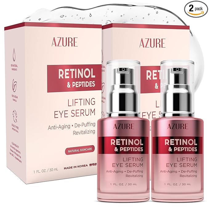 AZURE Retinol & Peptides Lifting Eye Serum - Anti Aging, De-Puffing & Revitalizing Dark Circle Corrector - Reduces Wrinkles, Fine Lines & Under Eye Bags - Skin Care Made in Korea - 30mL - 2 pack.