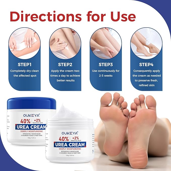 OUKEYA NEW FORMULA Urea Cream 40% Plus 2% Salicylic Acid for Feet Maximum Strength, Dry Cracked Hand Heel Moisturizing Repair Lotion for Knees, Elbows, Removes Corns, Dead Skin Cream, 5.29 oz 2 Pack