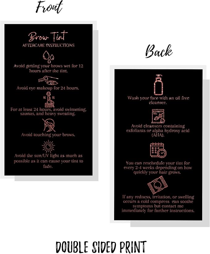 Brow Tint Aftercare Instruction Cards | 50 Pack | 2 x 3.5” inches Business Card Size | Starter Lift Kit with Tint at home diy aftercare supplies | Black with Rose Gold Design