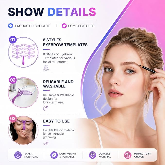 8 Styles Eyebrow Stencil Kit with Handle & Adjustable Headband for Beginners & Women, Reusable Washable Eyebrow Shaper Template for Daily Makeup Application, Functional Brow Stencil