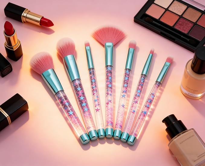 Glitter Makeup Brush Set for Teens, Unicorn Foundation Blush Fan Powder Lip Highlight Eye shadow Eyebrow Makeup Brushes Set with Liquid Flows for Girls Women Teen Kids Gift Present