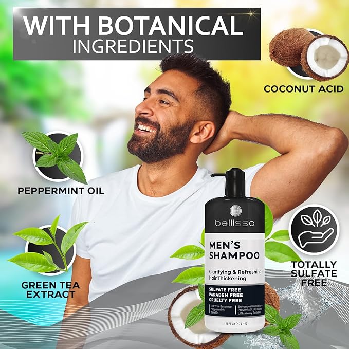 Shampoo for Men - Tea Tree Oil and Peppermint - Sulfate Free, Paraben Free - Clarifying, Refreshing, Volumizing & Moisturizing Hair Thickening Formula - Ideal for Oily Hair, Dry Scalps and Build Up