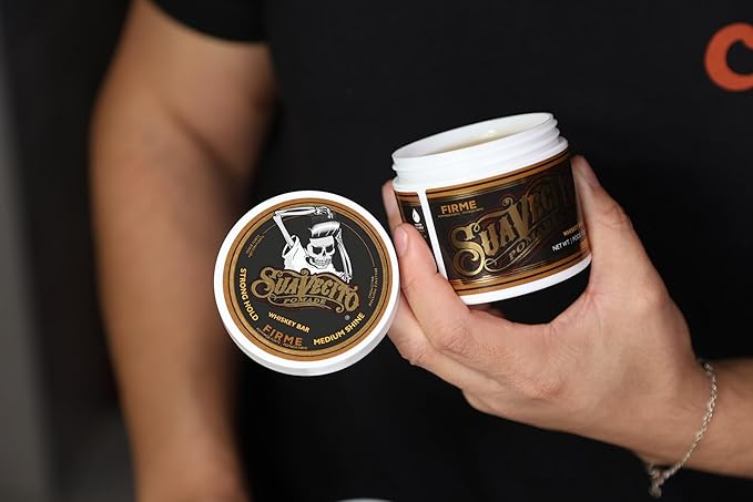 Suavecito Pomade Firme (Strong) Hold Whiskey Bar Scent 4 oz - Pomade For Men - Medium Shine Water Based Wax Like Flake Free Hair Gel - Easy To Wash Out - All Day Hold For All Hair Styles