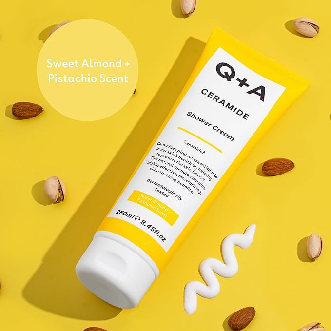 Q+A Ceramide Shower Cream, provides a gentle cleanse, deeply nourishing the skin with a rich and creamy formula of Squalane, Jojoba Seed Oil, and a sustainable Ceramide Extract from pineapples, 250ml