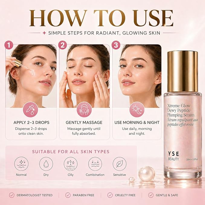 Yse Beauty Dewy Peptide Plumping Serum - Xtreme Glow Formula Smooths Wrinkles and Fine Lines, Hydrating Brightening Plumping Serum for Radiant Skin, 1 Fl Oz