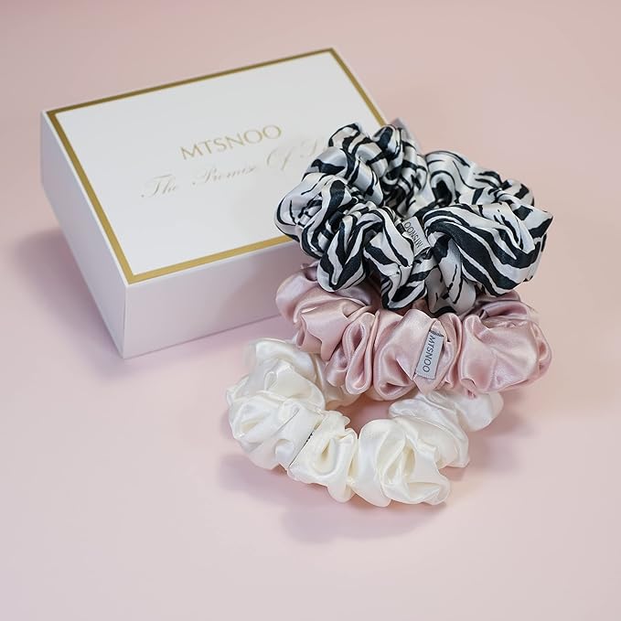 MTSNOO Silk Scrunchies for Sleep, 100% Pure 22 Momme Mulberry Silk Scrunchies for Curly Hair with Elastic Band, 3 Pack, Pink White Zebra