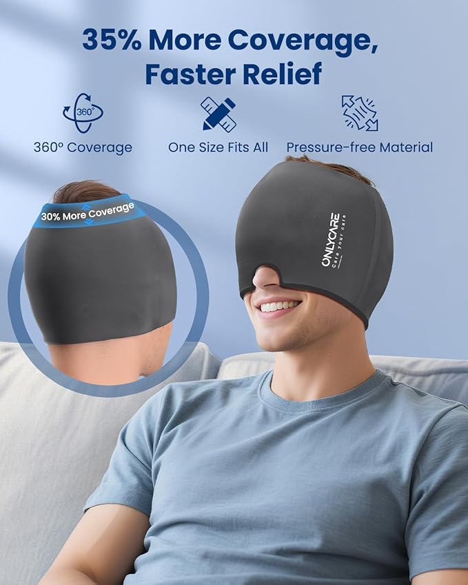 ONLYCARE Migraine Relief Cap, Soothing Migraine Mask, Upgraded Odorless Gel Ice Head Wrap, Hot and Cold Therapy, Headache Ice Pack for Tension, Stress, Hangover(Grey)