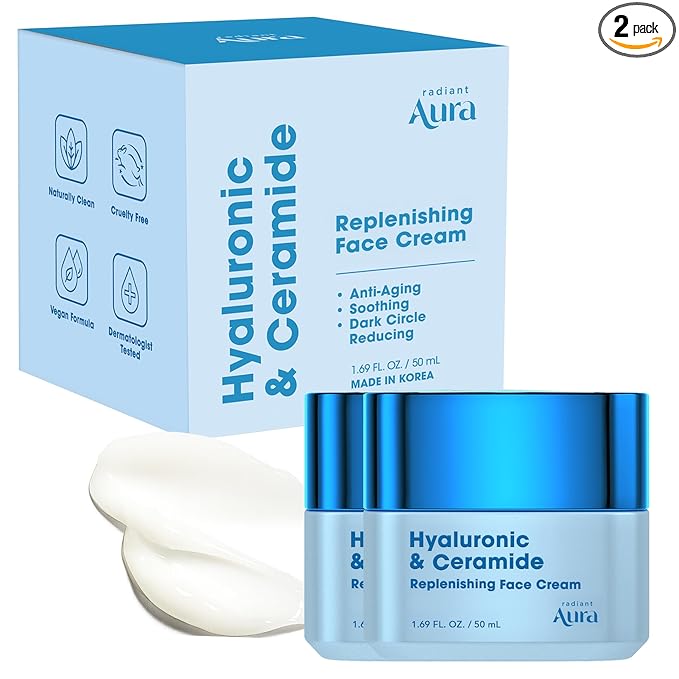 Hyaluronic Acid & Ceramide Face Moisturizer – Dermatologist Tested, Anti Aging, Korean Skin Care – Hydrating Face Cream, Softens Wrinkles, Non Greasy Feel – Vegan, Clean – Pack of 2