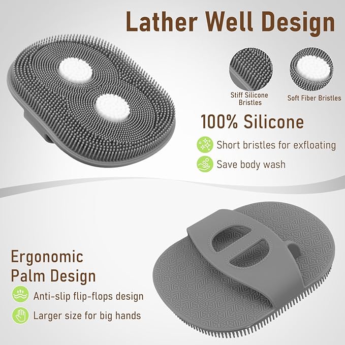Back Scrubber for Shower + Body Scrubber 2 Pack - Dual Sided Silicone & Nylon Bristles Lather Well, Exfoliating Anti-Slip Wood Long Handle Back Scrubber Body Exfoliator for Wet/Dry Bath Brush Grey
