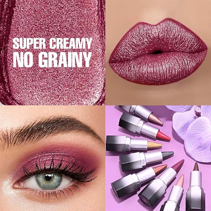 evpct Plum Purple Shimmery Metallic Lip Liner and Lipstick Combo, Cone Tip Lip Crayon for Women Long Lasting Waterproof, Shinny Hydrating Lipstick Makeup, Glitter Lips Liner Pencil for Shimmery Shade