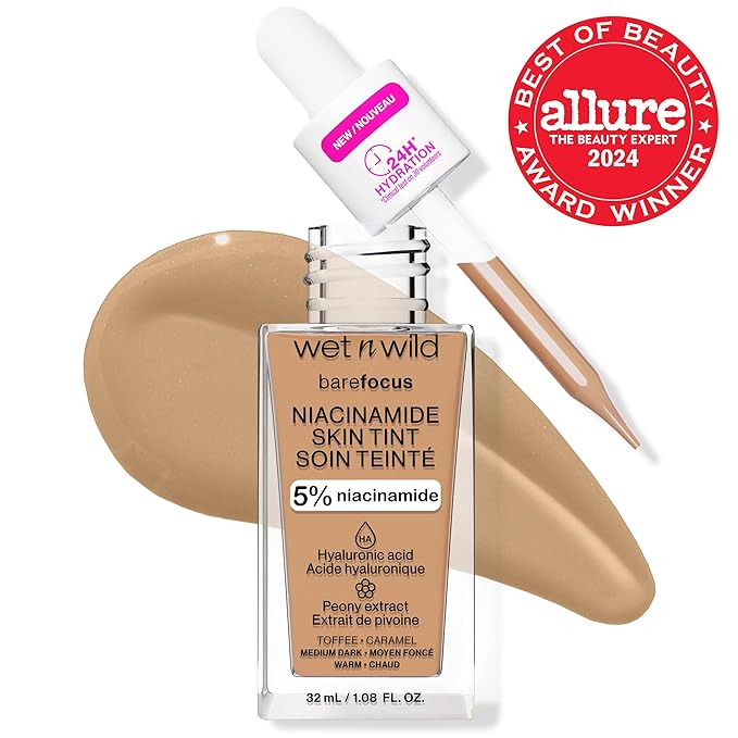 wet n wild Bare Focus Skin Tint, 5% Niacinamide Enriched, Buildable Sheer Lightweight Coverage, Natural Radiant Finish, Hyaluronic & Vitamin Hydration Boost, Cruelty-Free & Vegan - Toffee