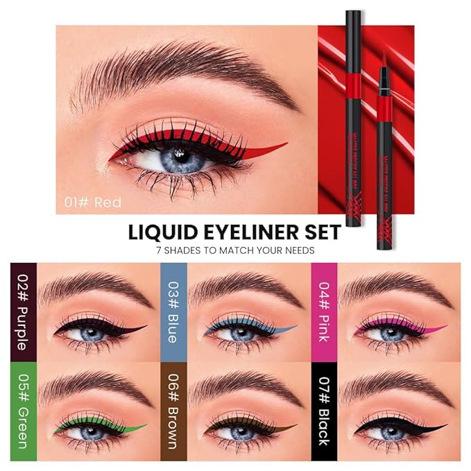 WanTuoluo 7 Pcs Colors Liquid Eyeliner Stamp Pens Set, Long Lasting Liquid Eye Liner,Waterproof & Smudgeproof Makeup