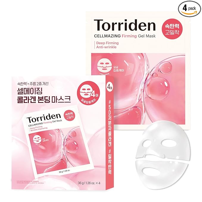Torriden CELLMAZING Collagen Firming Gel Sheet Mask for Face Only (4 Pack) | Smoother, Firmer-Looking Skin with 5D Collagen Complex | Korean Facial Mask