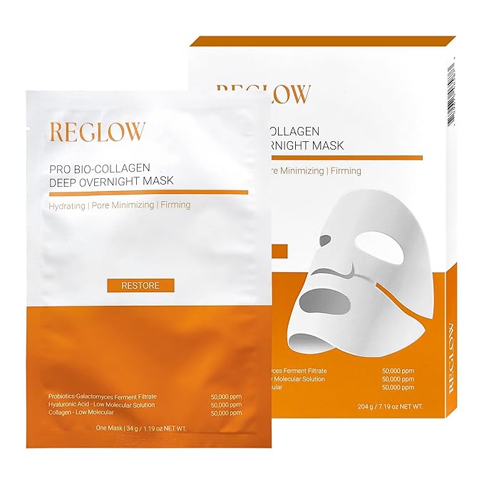 ReGlow RESTORE PRO Bio Collagen Real Deep Mask - Hydrogel Overnight Korean Face Mask for Glass Skin - Pore Minimizing & Elasticity - Collagen Sleeping Face Mask - Mothers Day Gift - 6 Pack