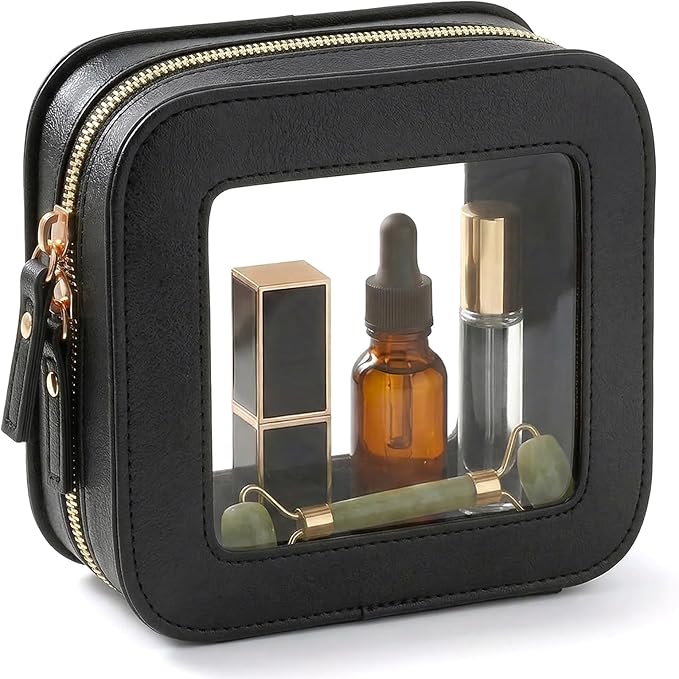 LETGO Small Makeup Bag for Purse Mini Cosmetics Bag Clear Cute Cosmetic Pouch for Women with Slip-in Pockets Car Bag for Essentials Accessories for Women Men Square Black