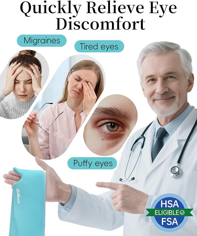 Cooling Eye Mask for Puffy Eyes, FSA Eligible HSA, Headache and Migraine Relief Gel Eye Mask, for Headache, Puffiness, Eye Strain, Reusable Face Ice Pack for Post-Surgery Care (Pale Blue)