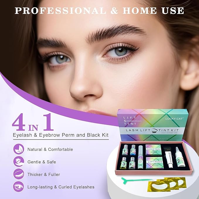 Lash Lift and Black Kit, Professional Brow Lamination and Black Kit, 4 In 1 Eyelash & Eyebrow Perm Kit, Quick Lifting & Voluminous Coloring, Easy to Use at Home Diy & Salon (Green)