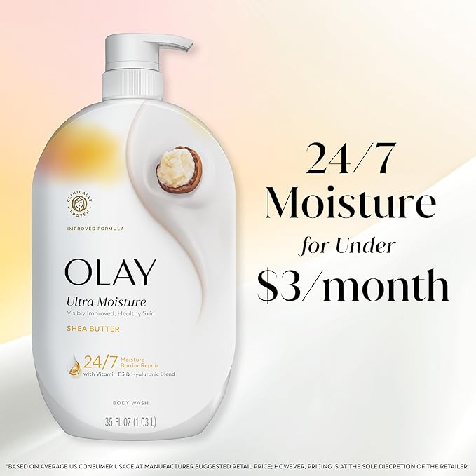 Olay Body Wash for Women, Ultra Moisture, 24/7 Moisture Barrier Repair, Hydrating Formula for Visibly Healthy Soft Skin, Vitamin B3 & Hyaluronic Blend, For All Skin Types, Shea Butter Scent, 35 fl oz