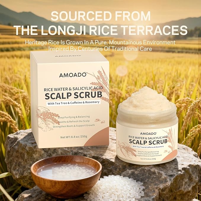 AMOADO Rice Water Scalp Scrub with Salicylic Acid(BHA), Tea Tree & Rosemary – Gentle Exfoliating Scalp Scrub Shampoo for Dandruff, Removes Buildup, Controls Oil & Refreshes the Scalp, 8.8 oz