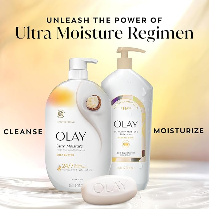 Olay Body Wash for Women, Ultra Moisture, 24/7 Moisture Barrier Repair, Hydrating Formula for Visibly Healthy Soft Skin, Vitamin B3 & Hyaluronic Blend, For All Skin Types, Shea Butter Scent, 35 fl oz