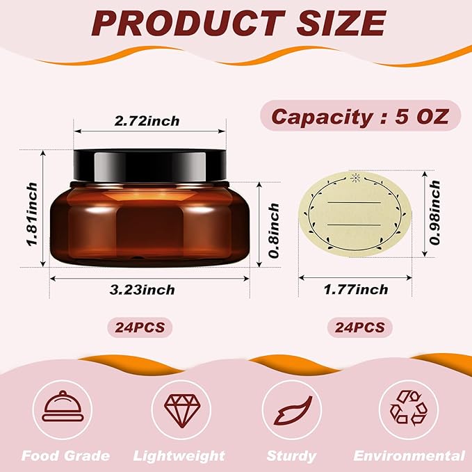 Tessco for you 24 Pack Plastic Jars with Lids Labels Multiuse Slime Containers Empty Body Scrub Jars Round Refillable Cosmetic Body Butter Container for Makeup (5 oz,Brown)