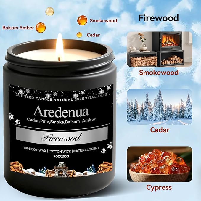 Firewood Candle – Winter Candles | Holiday Scented Candles, 7oz Jar Soy Candle for Home Scented - 50H Burn - Smoky Fireplace Cozy & Warm Scent, Christmas Holiday Décor Gifts for Women & Men