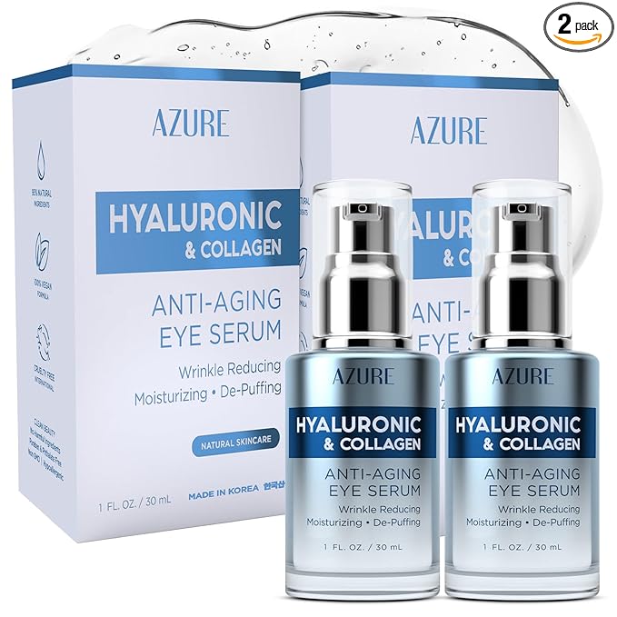 AZURE Hyaluronic & Collagen Anti Aging Eye Serum - Moisturizing, Replenishing & De-Puffing | Reduces Wrinkles, Fine Lines & Under Eye Bags | Locks In Moisture Hydrating Skin | - Pack of 2