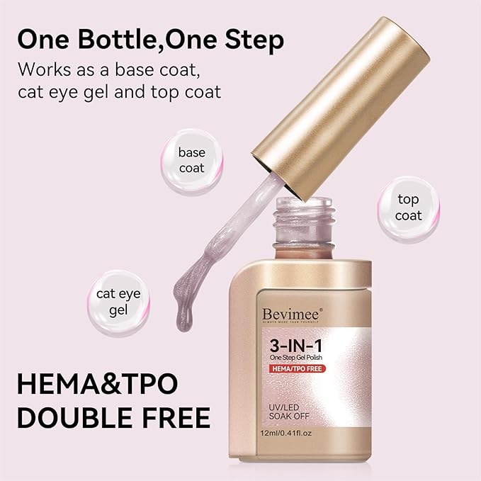 One Step Gel Polish 3-in-1, Pink Cat Eye Gel Nail Polish With Magnet, HEMA TPO Free Shimmer Magnetic Cateye Gel Polish Soak Off UV Nail Art Design Manicure DIY 12ml