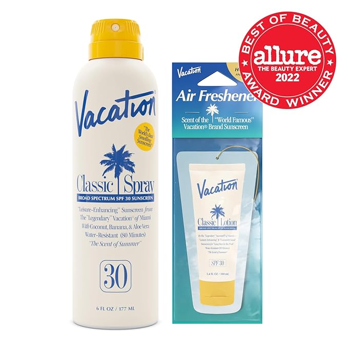 Vacation Classic Sunscreen Spray SPF 30 & Air Freshener Bundle, Water-Resistant, Lightweight, Transparent on All Skin Tones, Dermatologist-Tested, Vegan, 6 Fl. Oz.